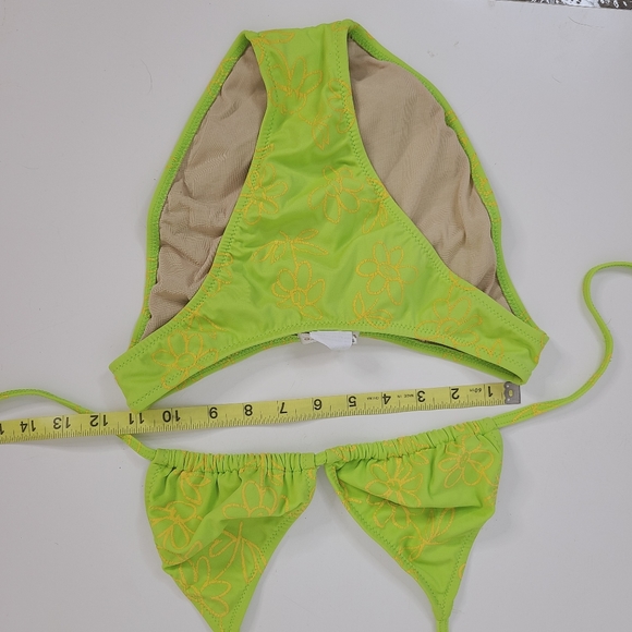90s Y2K Vintage Neon Green Triangle Floral High Thigh Bikini Swim Suit - Picture 9 of 12
